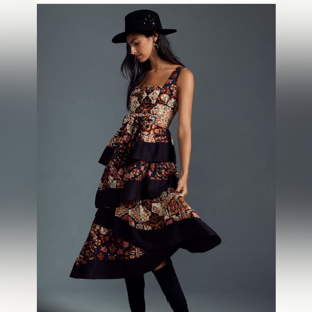 Anthropologie Square-Neck Tiered Midi Dress
